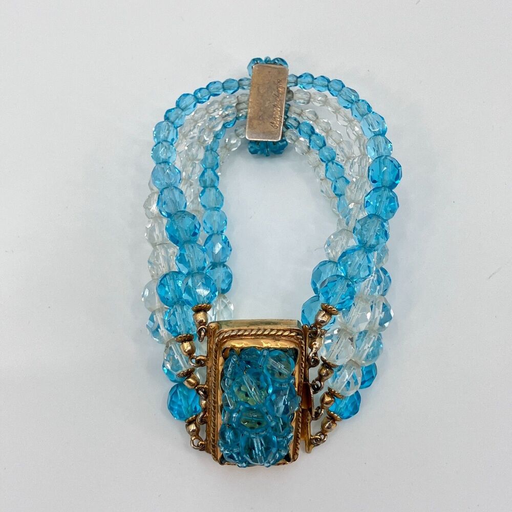 VTG Coppola e Toppo Signed Icy Blue and Clear Faceted Glass Beaded Bracelet